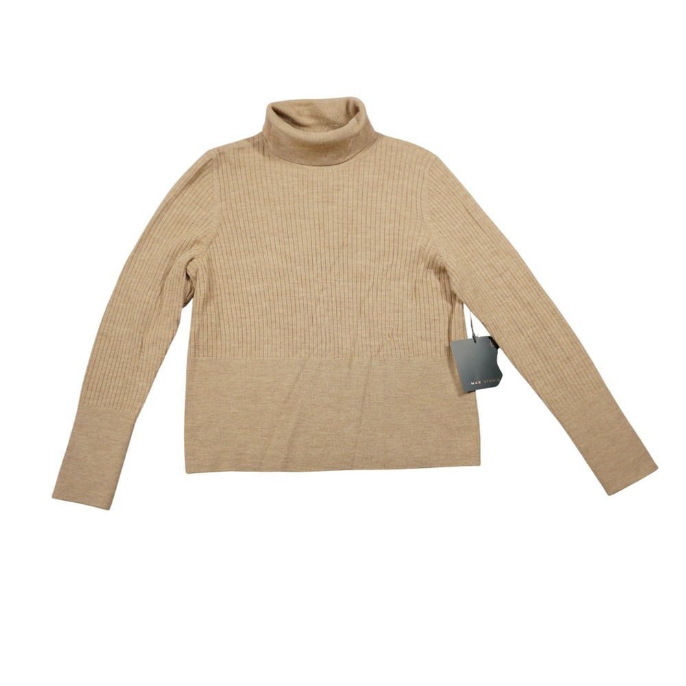 Max Studio Large Camel Tan 100% Extra Fine Merino Wool Ribbed Turtleneck Sweater